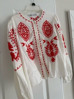 Zara White Blouse with Red Embroidered Detail